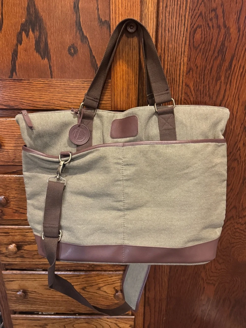 Olive Green and Brown Canvas Travel Tote - Men's Weekend Carryall